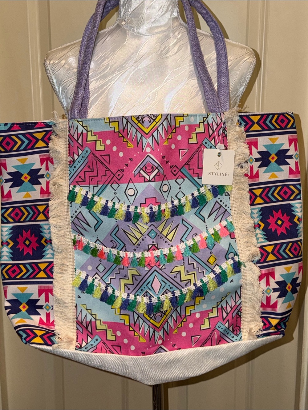 Pink & Multi Aztec Fringe Tote